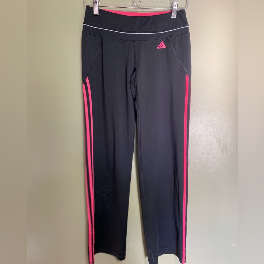 Black Adidas Track Pants with Pink Stripes, Size S